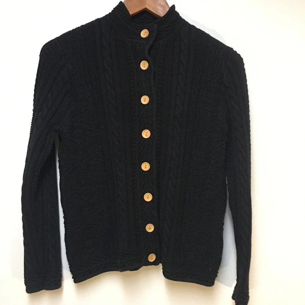 LL Bean Cardigan Sweater Womens S Black Vintage Heavyweight Wood Button Cable
